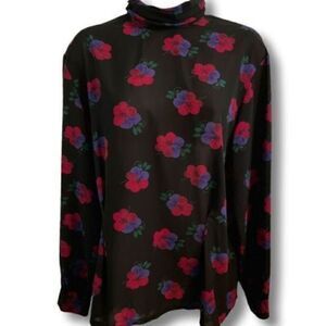 Pendleton Sheer Black Long Sleeve Blouse with Floral Pattern. Size Small